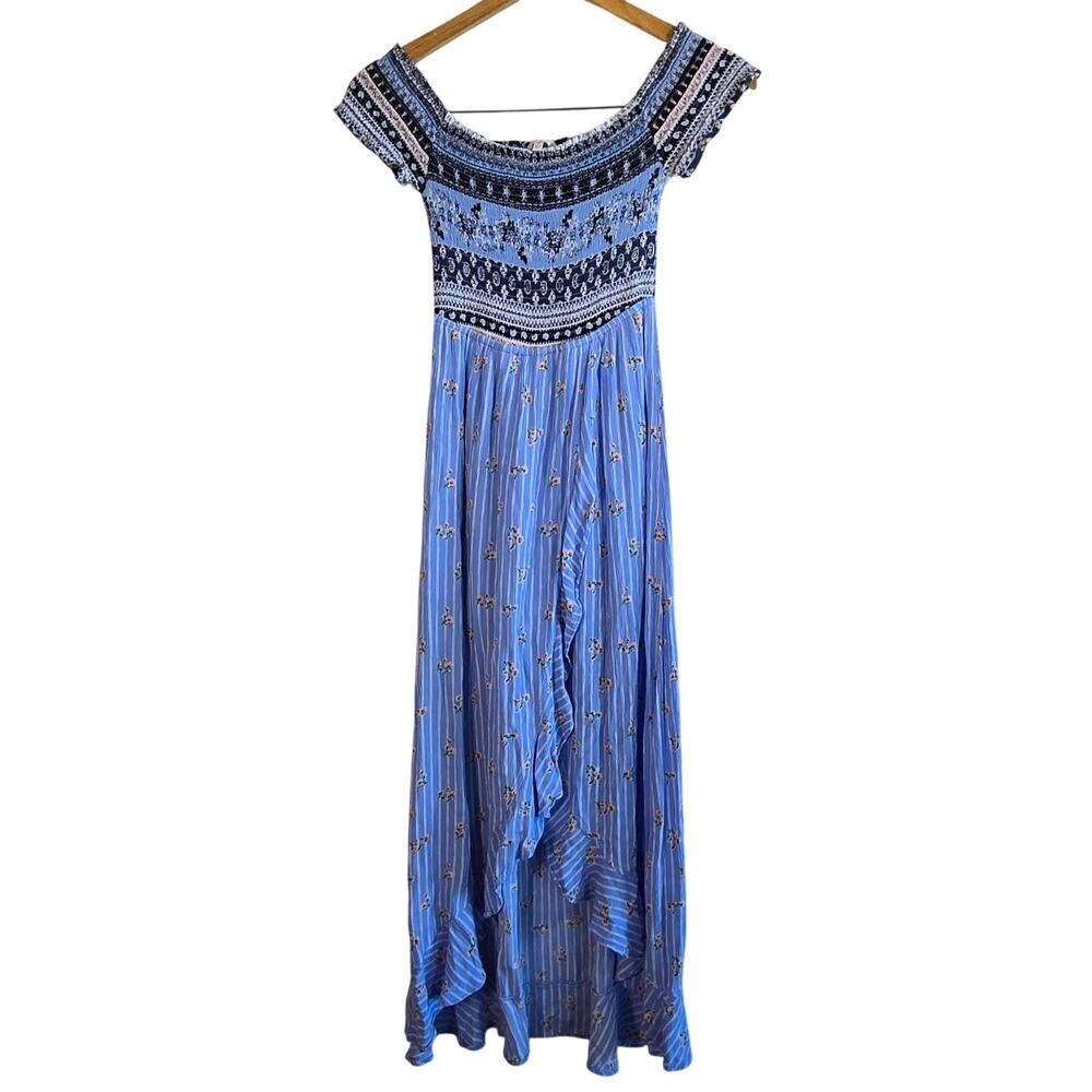 Size S Blue Bohemian Smocked Maxi Skort Dress Off Shoulder